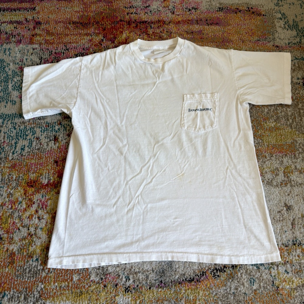 Vintage 80s Banana Republic Zebra Safari Pocket T-Shirt M White Live Free - Picture 4 of 8